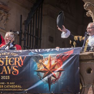 Town Crier David Mitchell and Lord Mayor of Chester John Leather after granting permission for the Chester Mystery Plays to be performed.  Picture credit Mark Carline